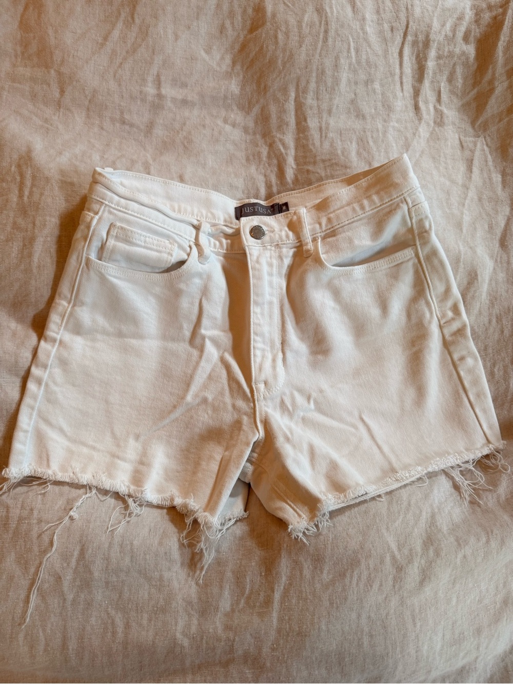 Just USA White Denim Cutoff Shorts with Frayed Hem